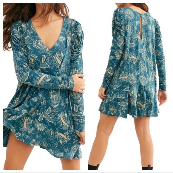 FREE PEOPLE Blue Floral Ruched Long Sleeve Mini Tunic Dress XS - Picture 4 of 14